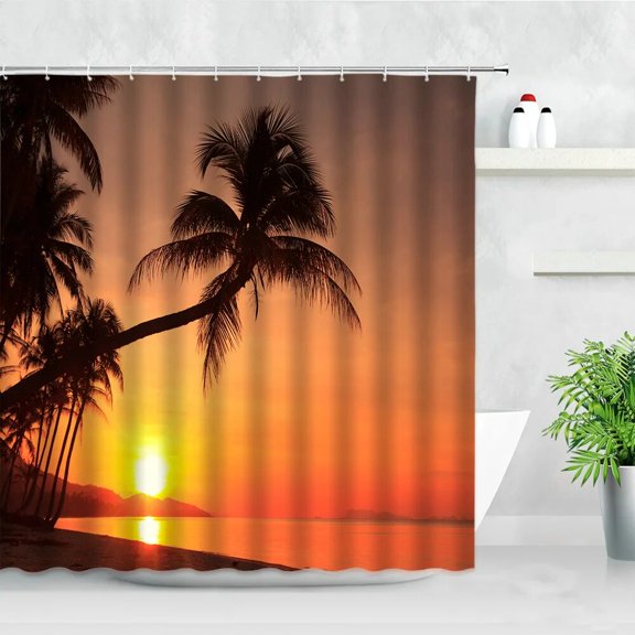 Dusk Sunset Beach Shower Curtains 3D Print Tropical Ocean Palm Tree Sea Scenery Bathtub Screen Decor Waterproof Bathroom Curtain