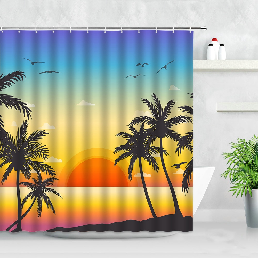 Dusk Sunset Beach Shower Curtains 3D Print Tropical Ocean Palm Tree Sea