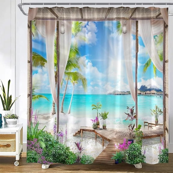 Dusk Sunset Beach Shower Curtains Tropical Ocean Palm Tree Forest Waterfall Nature Scenery Cloth Home Decor Bathroom Curtain Set