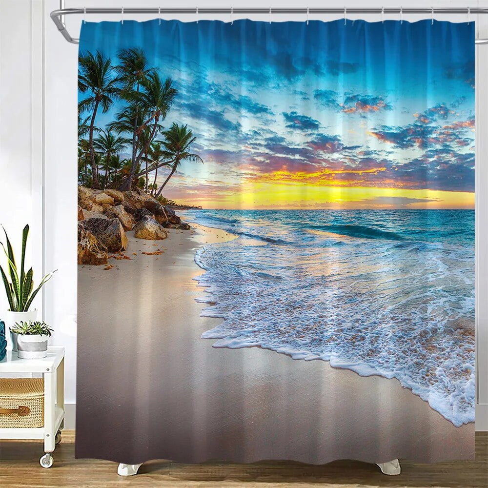 Dusk Sunset Beach Shower Curtains Tropical Ocean Palm Tree Forest