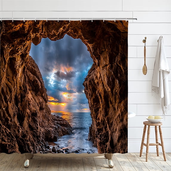 Dusk Sunset Beach Shower Curtains Tropical Ocean Palm Tree Sea Waves Nature Scenery Cloth