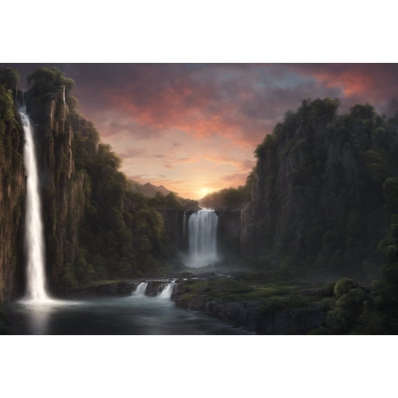 Dusk Waterfall Matte Painting II - 12" x 18" Art Print Wall Decor