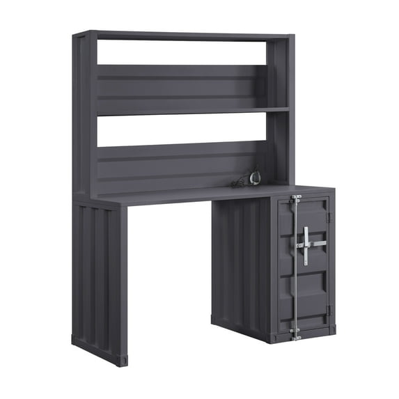 Dusk and Hutch Set with Metal Base and Storage Compartments, Gray - Saltoro Sherpi