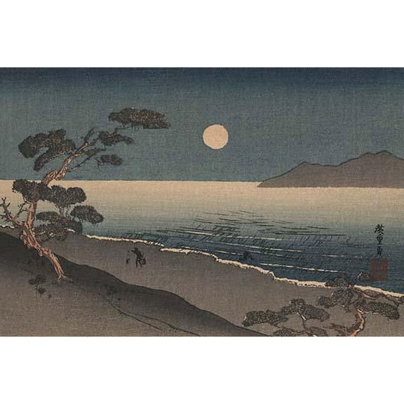 Dusk oven and Ocean Shore with a sole man carrying buckets on the Beach- Fine Art Canvas Print (20" x 30")