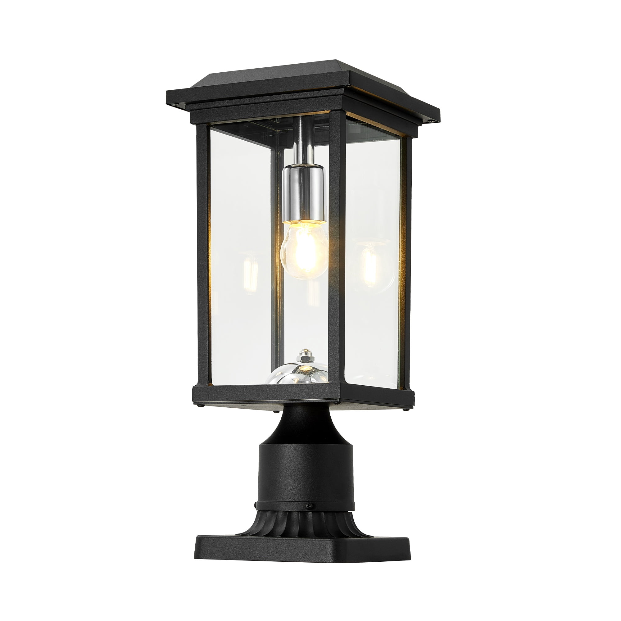 Dusk to Dawn Outdoor Post Light with Pier Mount Base and Glass Panels, Hardwired Aluminum Pole Lamp for Garden, Black