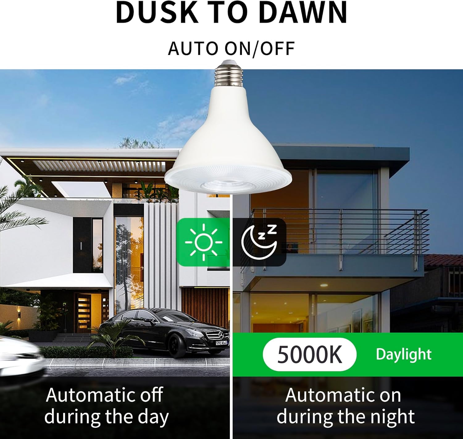 Dusk to Dawn PAR38 LED Light Bulbs, Daylight 5000K, 150W Equivalent, 1700LM, Auto On/Off Light Sensor Bulb, E26, 17W 2 Pack, HQ-H033