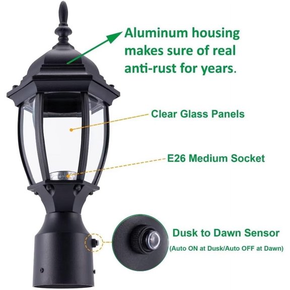Dusk to  Outdoor Post Lighting Fixture Pole Lantern, E26 Medium Base Max 60W, Aluminum Housing Plus Glass, Bulb Not Included (Black, 1-Pack)