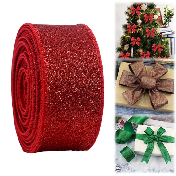Dusknt 1 Pack Christmas Wired Ribbon 2.5" X 10 Yards, Glitter Edge Ribbon for Wreath Garland Tree Topper, Diy Craft Ribbon for Holiday Decor and Gift Wrapping Red