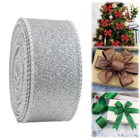Dusknt 1 Pack Wired Christmas Ribbon 2.5 Inch X 10 Yards, Glitter Holiday Ribbon for Christmas Tree Decor, Wreath Garland, and Gift Wrapping for Xmas Party Light Gray
