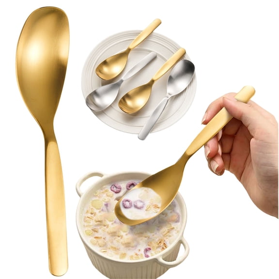 Dusknt 304 Stainless Steel Spoon, Gold and Silver Korean Style Large Dinner Spoon, Long Handle Non-Slip Heavy Duty Table Spoon, Reusable Household Rice Soup Dessert Spoon for Kitchen, Gold