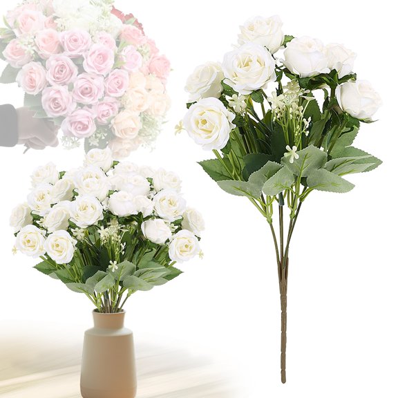 Dusknt Artificial Fers, 5 Head Rose Artificial Er – Windproof Outdoor Decorative Roses for Autumn, White