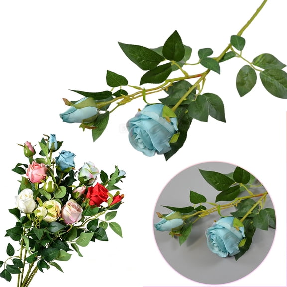 Dusknt Artificial Rose Wedding Flowers Bulgarian Rose Single Branch, Artificial Silk Roses for Wedding Hall Scene Decoration Centerpiece 1Pieces, Blue