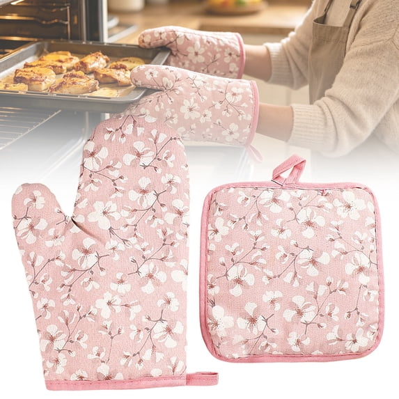 Dusknt Cooking Heat Gloves, Kitchen Heat Mitts, Barbecue Pot Gloves - Durable Heat Proof Oven Gloves Non‑Slip Design for Microwave Grill Stove & Outdoor Camping, Pink