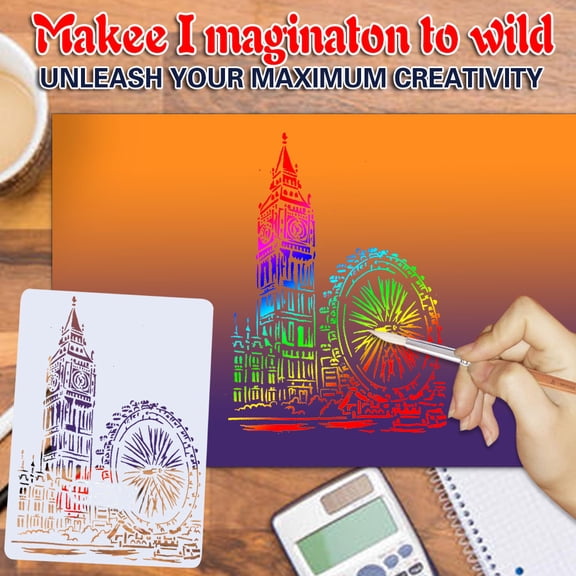 Dusknt Diy Drawing Stencils Set, Plastic Template City Architectural Big Ben, A4 210X290Mm, Reusable Painting Stencil, Laser-Cut Pet, ScrapBo0king Card Making Home Decor