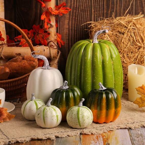 Dusknt Fake Pumpkins, Fall Artificial Pumpkins for Decoration Different Sizes 7 Pack, Halloween Thanksgiving Autumn Harvest DIY Foam Pumpkin Indoor Outdoor Home Decor
