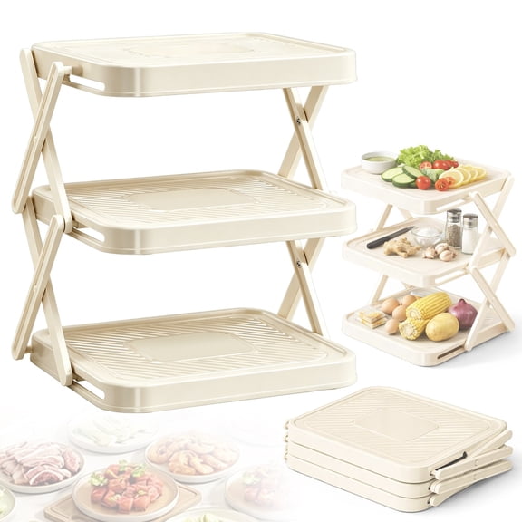 Dusknt Kitchen Counter Storage Rack Multi Layer Dish Prep Tray Storage Rack Foldable 3 Tier, Vegetable Plate Display Rack for Bowls, Prep Containers Organizer for Efficient Cooking