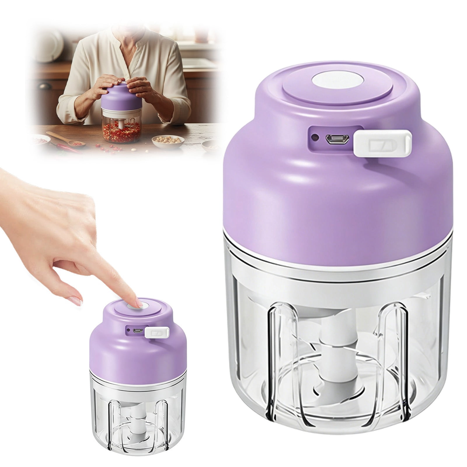 Dusknt Kitchen Mixer, Electric Garlic Chopper, Mini Portle Veggie Choppers, Garlic Grinder Masher Onion Chopper, Wireless Food Processor for , Chili, Fruit, Meat(Purple)