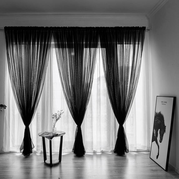 Dusknt Leaf Pattern Tulle Voile Curtain, 200X100Cm Sheer Window Drape, Breathable Light Filtering Curtain Panel, Washable Fabric Window Valance for Indoor Decoration, Black