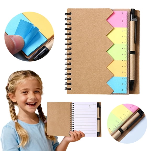 Dusknt Portable Spiral Journal with Pan & Sticky Note Tabs Lined Pocket Note with Colorful Dividers Small NoteBo0k for Back to Sch00l Office Essentials Brown
