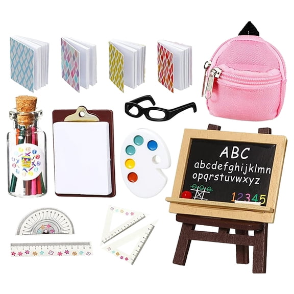 Dusknt Simulation miniature creative classroom supplies backpack combination set, Set Of classroom classroom Doll Backpack Glasses Blackboard Book Paper Clipboard Pencil Doll Ruler Accessories