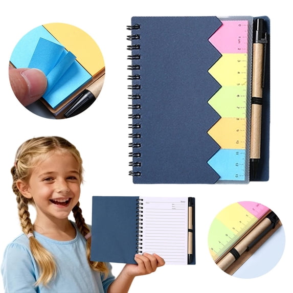 Dusknt Small Spiral NoteBo0k with Pan & Colorful Sticky Tabs Lined Pocket Journal with Divider Pages Note for Studants Appreciation Gifts Blue