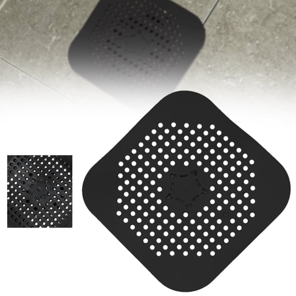 Dusknt Square Silicone Drain Cover, Shower Drain Hair Catcher with Suction Cups, Anti-Odor Flat Stopper, Universal Bathroom Kitchen Debris Blocker, Black