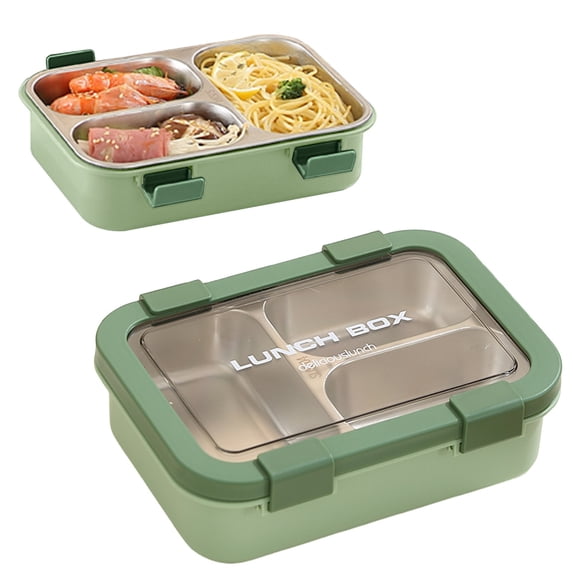 Dusknt Stainless Steel Lunch Box, 2 Compartment Leakproof Container, Adult Bento Box for Sch00l Work, Reusable Portable Storage with Clips(Green 720Ml)