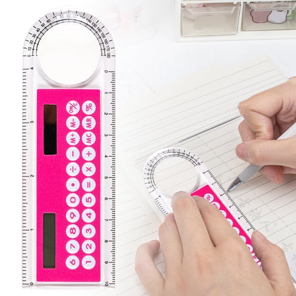 Dusknt Studants Calculator Ruler, Multifunctnal Transparent Ruler, Electronic Calculator with Magnifier Protractor for Sch00l Learning Measuring Calculatn, Rose Red