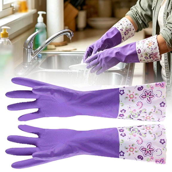 Dusknt Water-Resistant Latex Cleaning Gloves, Soft Cotton-Feel Lining, Non-Slip Grip, Long Cuff, Medium, Purple (1 Pair)