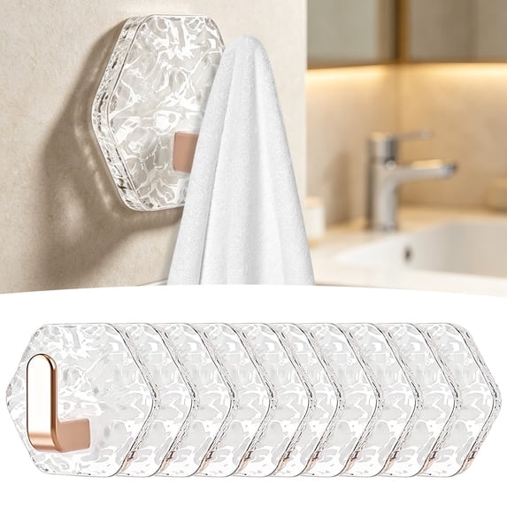 Dusknt Water Ripple Hexagonal Self Adhesive Hooks, Self-Adhesive Hooks 3/10 Pack Hexagonal Ripple Design (Gold-10Pcs)