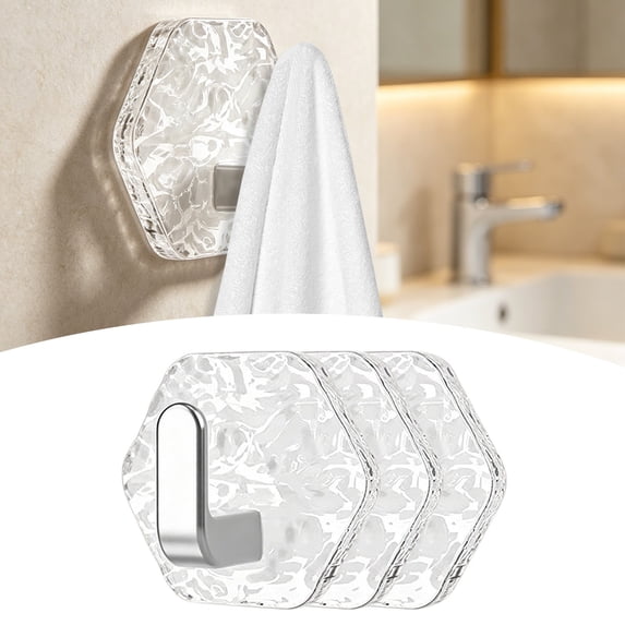Dusknt Water Ripple Hexagonal Self Adhesive Hooks, Self-Adhesive Hooks 3/10 Pack Hexagonal Ripple Design (Silver-3Pcs)