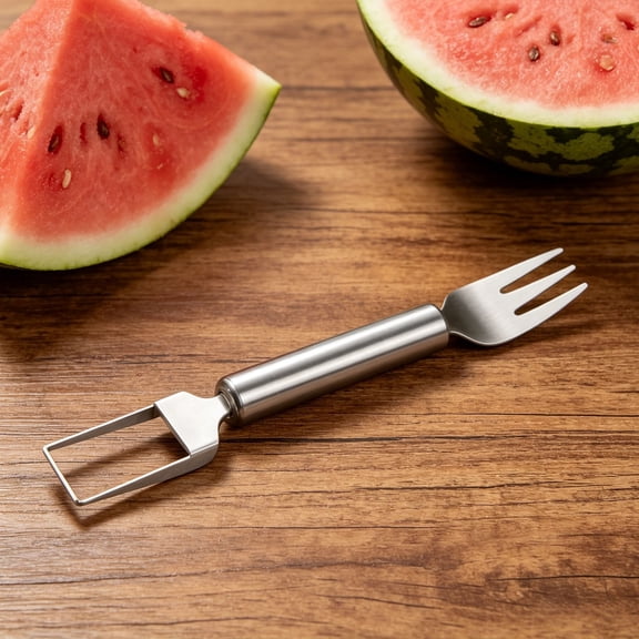 Dusknt Watermelon Cutter and Fork 2 in 1 Stainless Steel Slicer Tool for Fruit Multipurpose Corer for Summer Bbq Picnic Round Handle