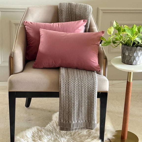 Dusky Pink Luxury Lumbar Pillow Cover 12"x26" | Pack of 2 Modern Velvet Oblong Pillow Cover Solid | Plain Solid Pillowcases for Bed, Couch & Sofa, Modern Home Décor - Dusky Pink Velvet Dream