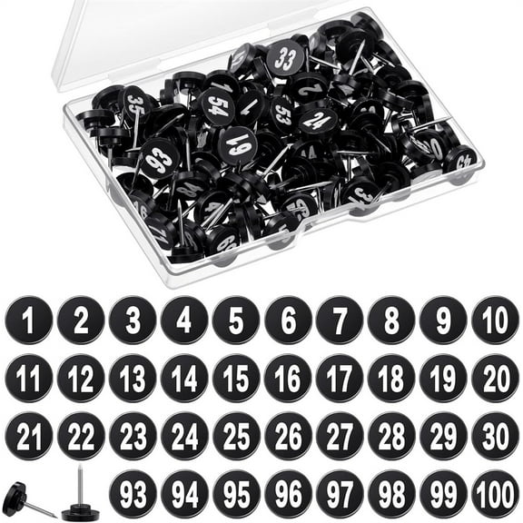 Duslogis 100 Pcs Numbered Push Pins 100 Sequential Thumb Tacks Flat Tacks Push Pins with Numbers 11 mm Diameter 16 mm Length Thumbtacks for Maps, Presentations, Photo, Poster (Black)