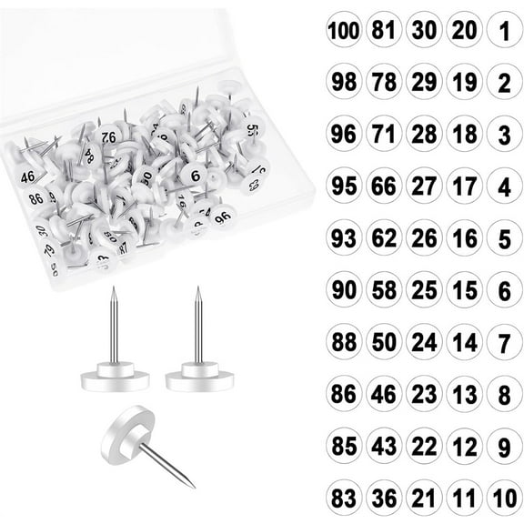 Duslogis 100pcs Numbered Push Pin Tacks,1-100 Sequential Number Tacks Push Pins Plastic Thumb Tacks Steel Point Push Pins Map Thumb Tacks for Picture Posters Note Display (White, 0.43x0.63inch)