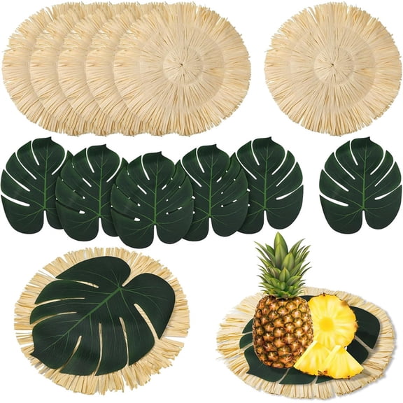 Duslogis 12Pcs Luau Placemat, 6pcs Round Fringe Table Mat and 6pcs Tropical Palm Leaf Place Mats Bulk Chargers Macrame Place Mats for Summer Tropical Hawaiian Party Table Setting Decor