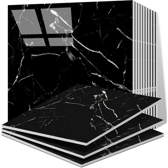 Duslogis 12pcs Peel and Stick Backsplash Tile, 11.8"x11.8" Self Adhesive Marble Tile for Wall, PET Waterproof Shower Wall Panels, Back Splash Stick on Tiles for Bathroom Living Room (Black)
