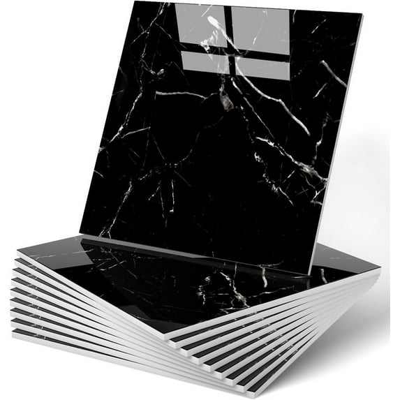 Duslogis 12pcs Peel and Paste Tile Shower Waterproof Marble Tiles Wall Panels, 11.8"x11.8" Self-Adhesive Backsplash Tile, PET Wall Panels Shower Tiles for Home Bathroom, Living Room (Black)