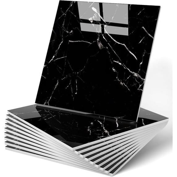 Duslogis 12pcs Peel and Paste Tile Shower Waterproof Marble Tiles Wall Panels, 11.8"x11.8" Self-Adhesive Backsplash Tile, PET Wall Panels Shower Tiles for Home Bathroom, Living Room (Black)