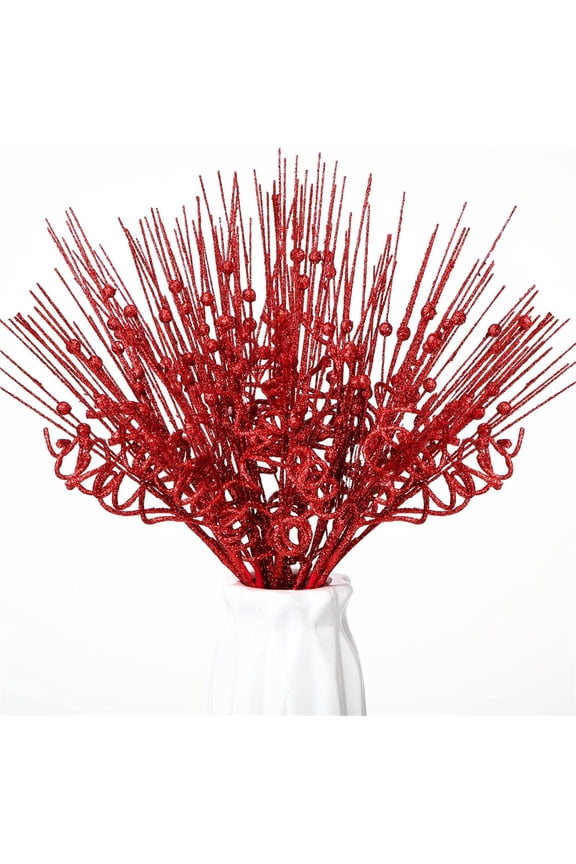 16Pcs Christmas Tree Picks and Sprays Sparkle Glitter Curly Ting Ting Branches 14 Inch Artificial Berry Picks Decorative Sticks for Wedding Vase Fillers Xmas Tree Wreath DIY Decor(Red)