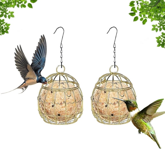 Duslogis 2 Pcs Bird Feeder, Suet Ball Feeders for Outside Hanging, Metal Hanging Bird Feeder with Hooks, Fat Ball Bird Feeder for Wild Birds Outdoor Garden (Gold)