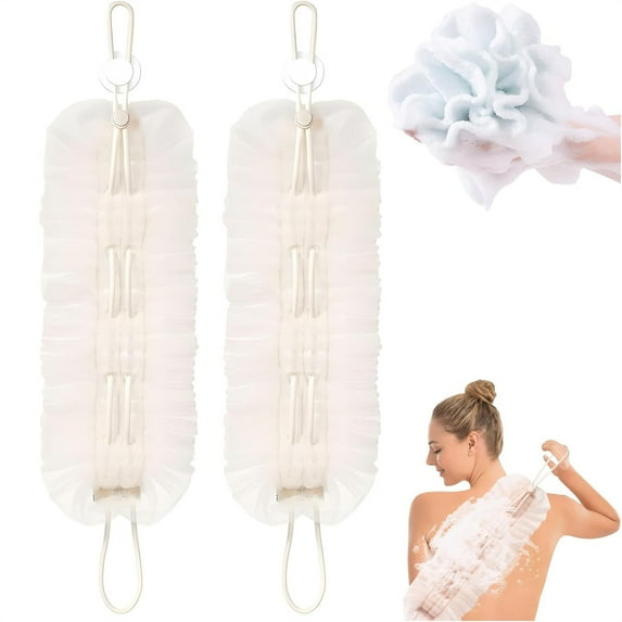 Duslogis 2-in-1 Shower Pouf & Back Scrubber, 2 Pcs Exfoliating Back Scrubber, Long Body Scrub Sponge Shower Loofah with with Suction Cup, for Women Men Deep Clean Body Washing (White)