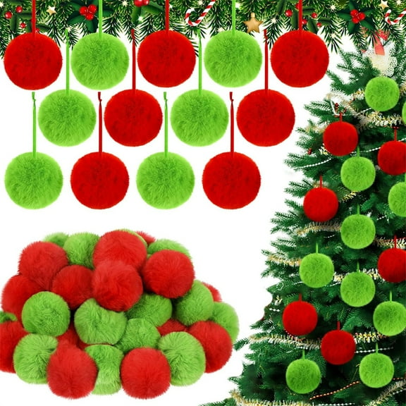 Duslogis 24 Pcs 2.3 Inch Furry Christmas Balls Ornaments Faux Fur Pom Poms Balls Christmas Tree Round Hanging Decoration for Party Supplies Office Fireplace Mantel Home Decor（Red&Green）