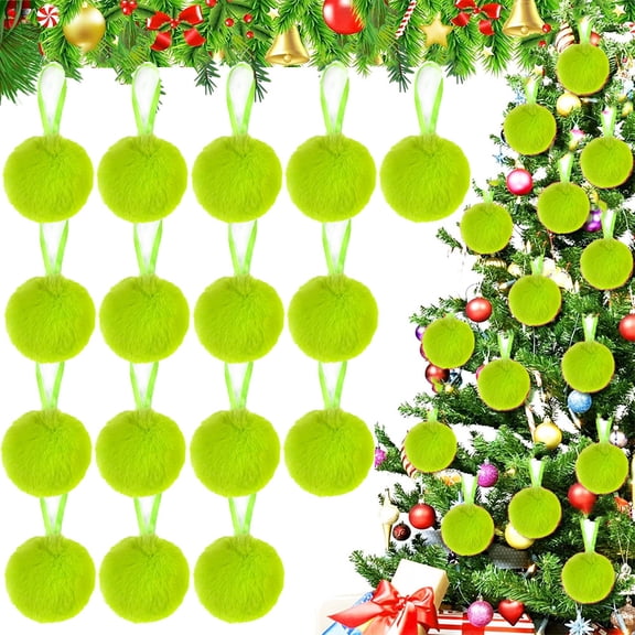 Duslogis 24 Pcs Green Fur Christmas Ornaments 2.3 Inch Pom Pom Ball Hanging Decoration Fuzzy Fluffy Christmas Decorations for Tree Wreath Home DIY Craft Party Decor