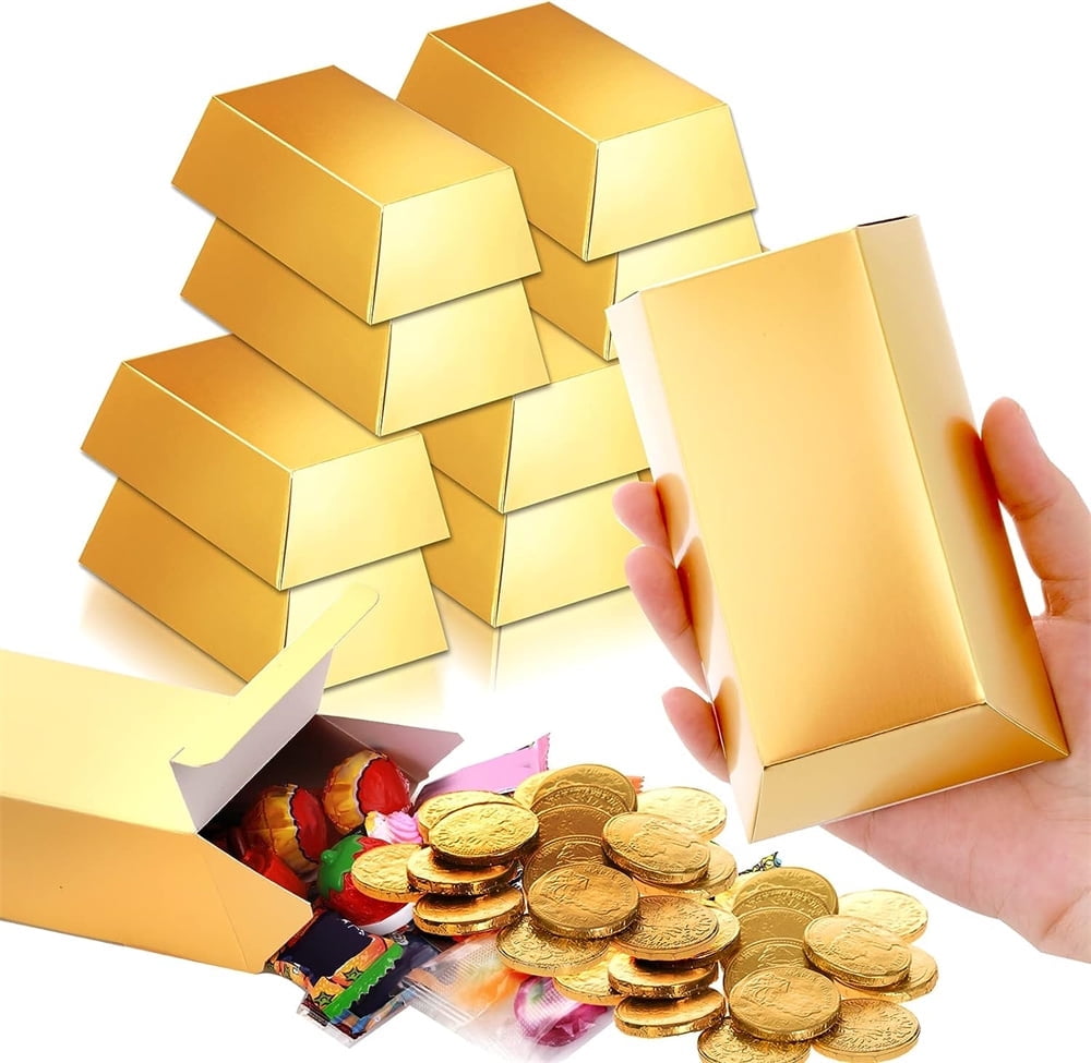 Artrylin 24 Pieces Gold Bars Fake Gold Bar Gift Box, Golden Party Favor Chocolate Gold Coins Foil Treasure Brick Paper Boxes Golden Brick Casino Pirate for Candy Treats Toys Crafts Decoration