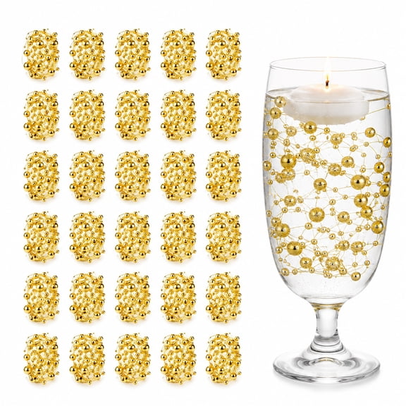 Duslogis 25 Pcs Artificial Pearl String for Floating Candle Faux Pearls Beads String Pearl Party Garland Decoration for Vases Filler Wedding Centerpiece Wedding Dining Table Decor Party (Gold)