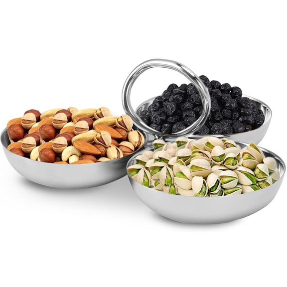 Duslogis 3-Compartment Stainless Steel Serving Tray with Handle -304 Food-Grade Snack Plate,Fruit Bowl for Fridge,Party Appetizer Platter,Dishwasher Safe,Portable & Easy to Clean (O Handle)