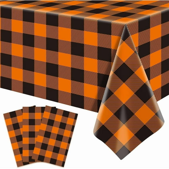 Duslogis 3 Pack Orange Fall Plastic Tablecloth, Disposable Orange and Black Buffalo Plaid Table Cover Backdrop for Christmas Thanksgiving Birthday Picnic Party Supplies Decor, 54 x 108 Inch