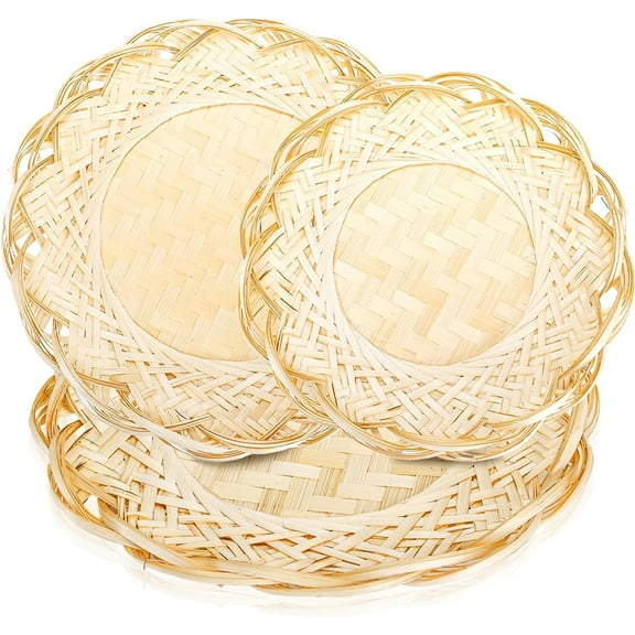 Duslogis 3 Pieces Bamboo Basket Tray, 3 Size Handmade Bamboo Wicker Serving Trays, Round Decorative Basket Plates Set for Fruit, Vegetable, Party, Picnic