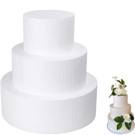 Duslogis 3 Tiers Round Foam Cake Dummies Set 4" 6" 8" White Fake Practice Cake Dummy 8.3 Inch Tall for Christmas Wedding Supplies Baby Shower Birthday Cake Decorating Display